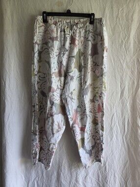 Winter Sun Linen Wideleg Pants Women L Boho Hippie Botanical Print Elastic Waist